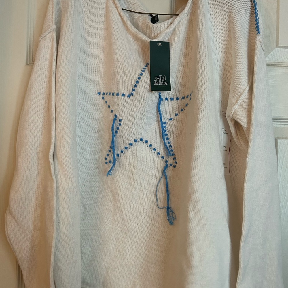 White Sweater with Blue Star Design by Wild Fable